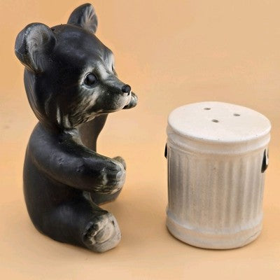 Bear Trash Can Salt Pepper Shakers Plastic Stopper Japan Chalk Ware Ceramic 4.5"