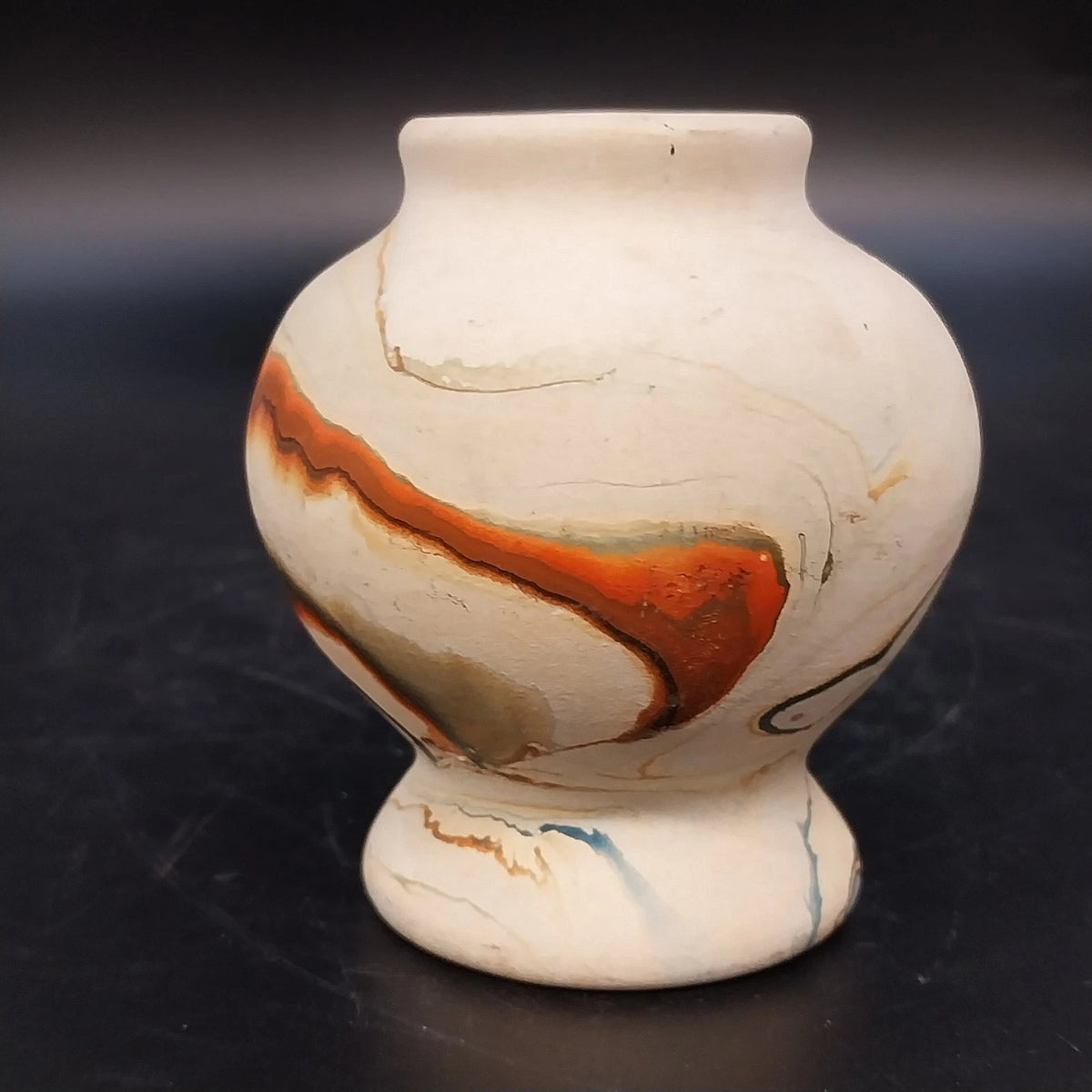 Nemadji Indian Pottery Pedestal Vase Brown Black Marbled Swirl 3.75" Vintage USA