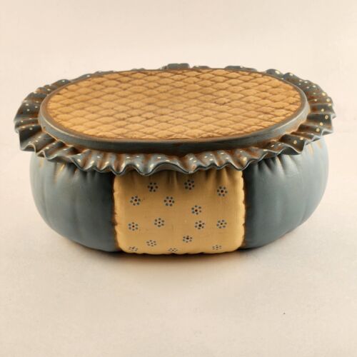 Blue Beige Sewing Box Style with Lid Dona's 1985 Ceramic Hand Painted Basket 8½"