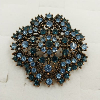 Filigree Brooch Pin Blue Faceted Rhinestones Bronze Tone Juliana Style Vintage