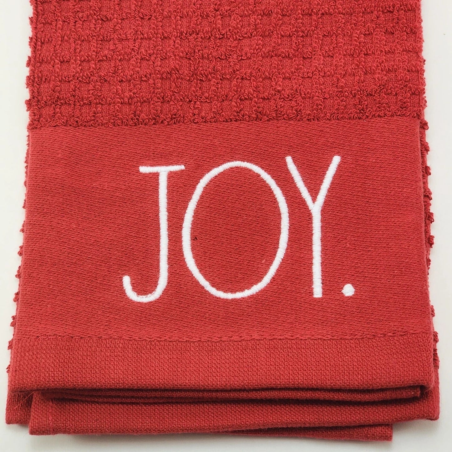 3 Rae Dunn Christmas Red Kitchen Towel Embroidered Peace Joy Believe 100% Cotton