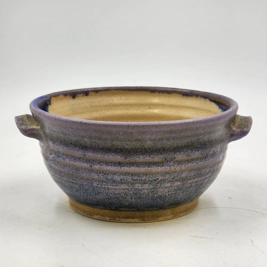 Handmade Pottery Bowl Art Studio Blue Purple Outer Yellow Inner Handled Signed