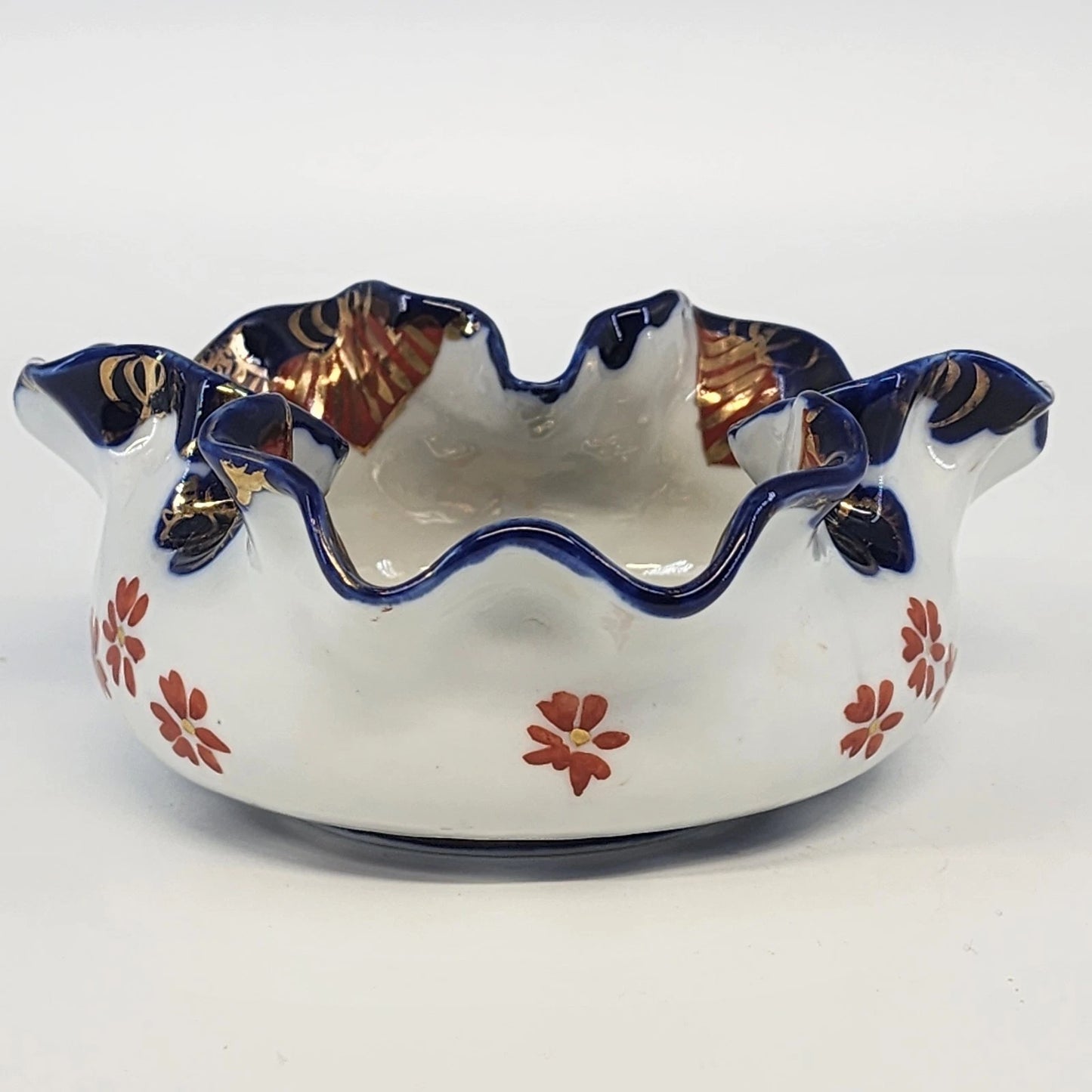 Japanese Imari Porcelain Ruffled Bowl 6" Cobalt Blue & Gold Gilt Floral Vintage
