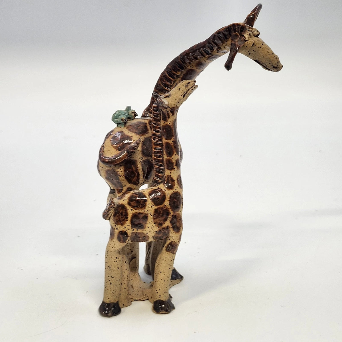 Studio Pottery Giraffe Family Figurine Brown Speckled 7" Artist Marked