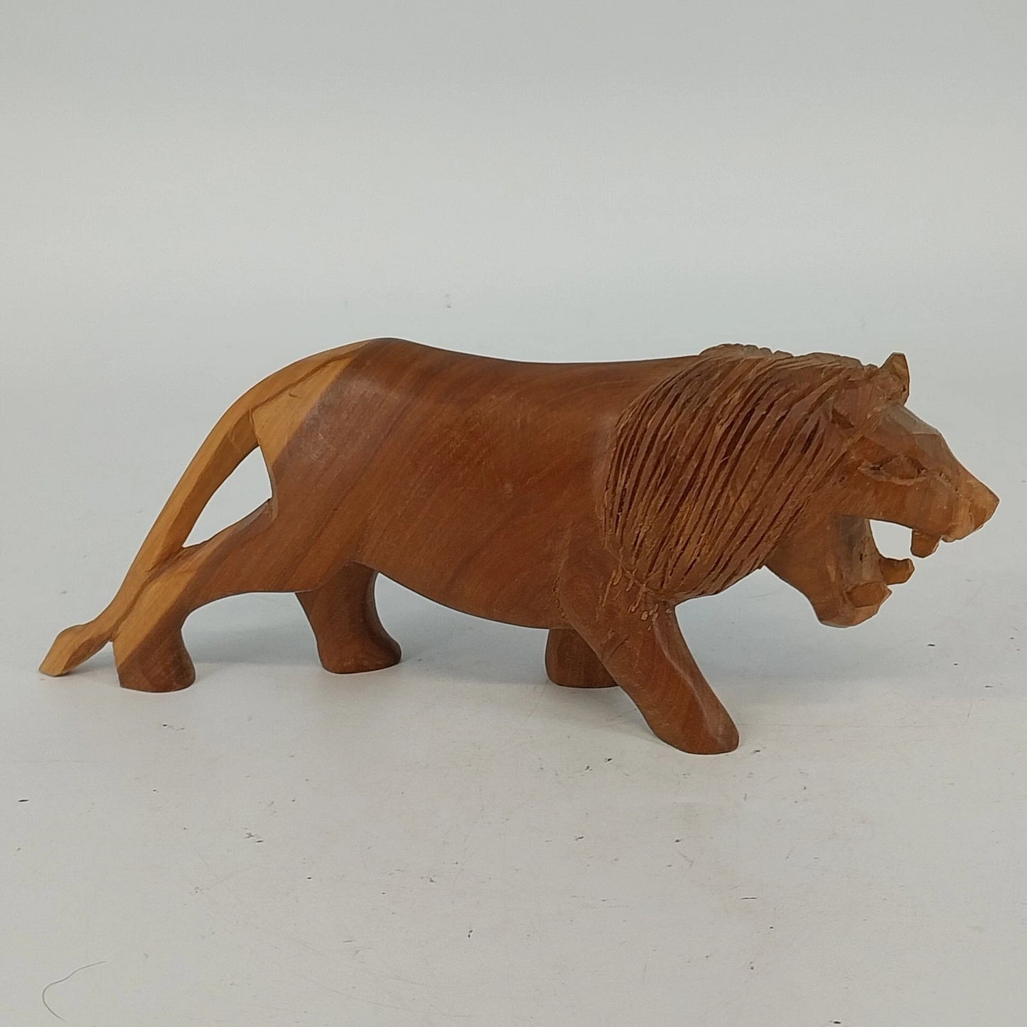 Hand Carved Wood Lion Sculpture Roaring African Folk Art Figure 9" Vintage