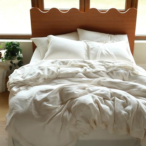 Bedsure Linen Tencel Lyocell Duvet Moisture-Wicking Cooling Cover Set King 2 Shams Cream