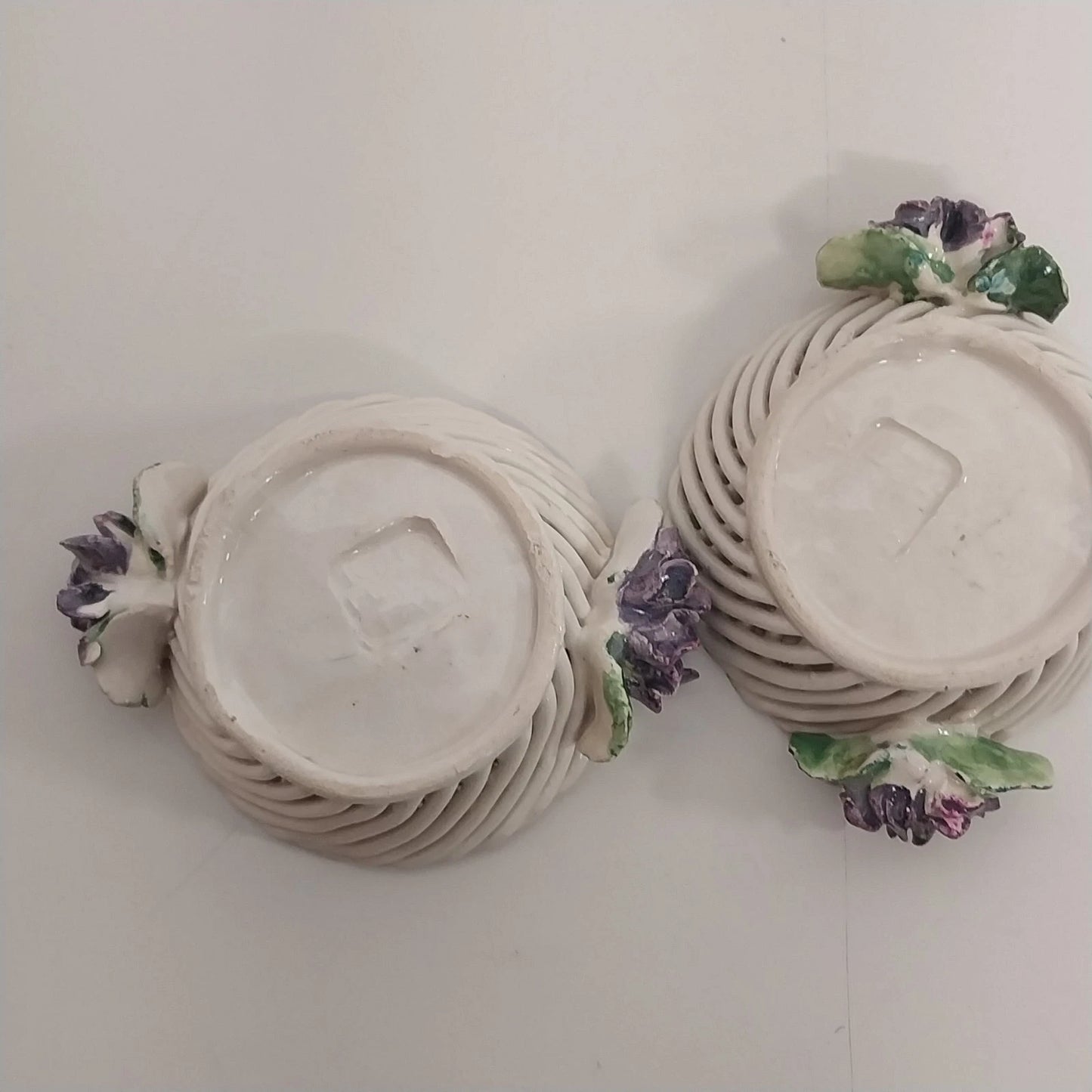 Italian Ceramic Lattice Trinkets Baskets Purple Violets Floral Pair 3" Vintage
