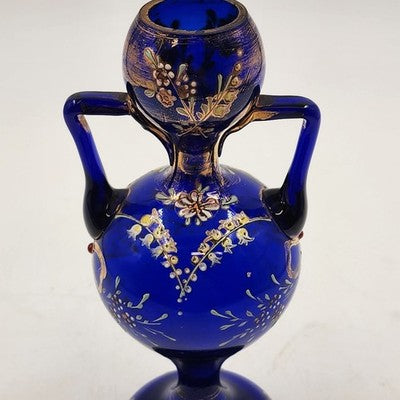 Art Nouveau Bohemian Cobalt Blue Glass Vase with Heavy Gold Gilding – 8" Tall – Dual Handles & Globe Top – Vintage European Display Piece