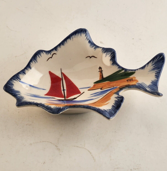 Ceramic Nut Dresser Trinket Dish Sailboat Nautical Fish Tray Signed Tell UK