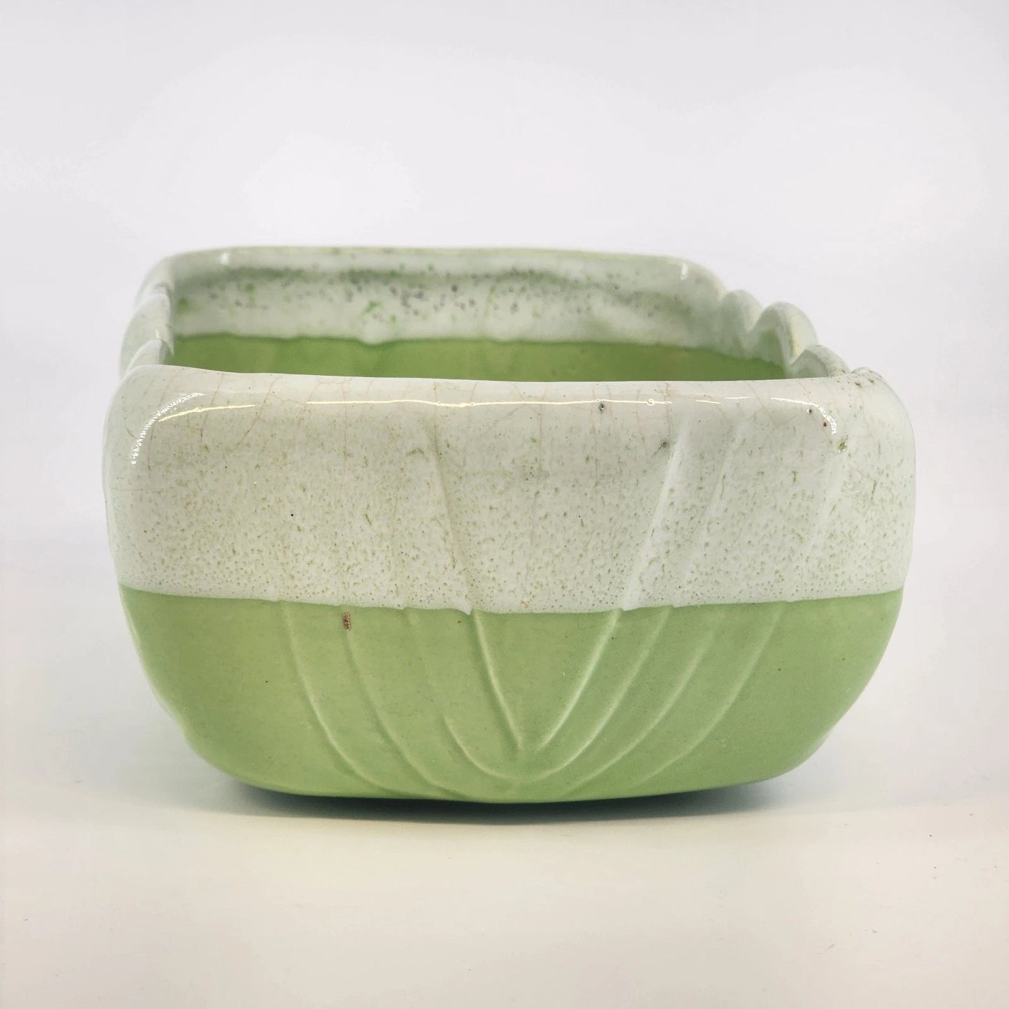 Majolica Rectangular Planter Green & Cream Embossed Leaf Design Two Tone 6.5"