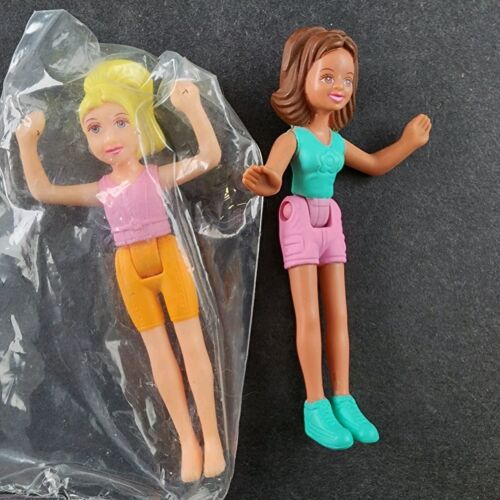 2 Vintage McDonalds Polly Pocket Dolls 2003 Blonde Brown Pink Orange Bendy Toys