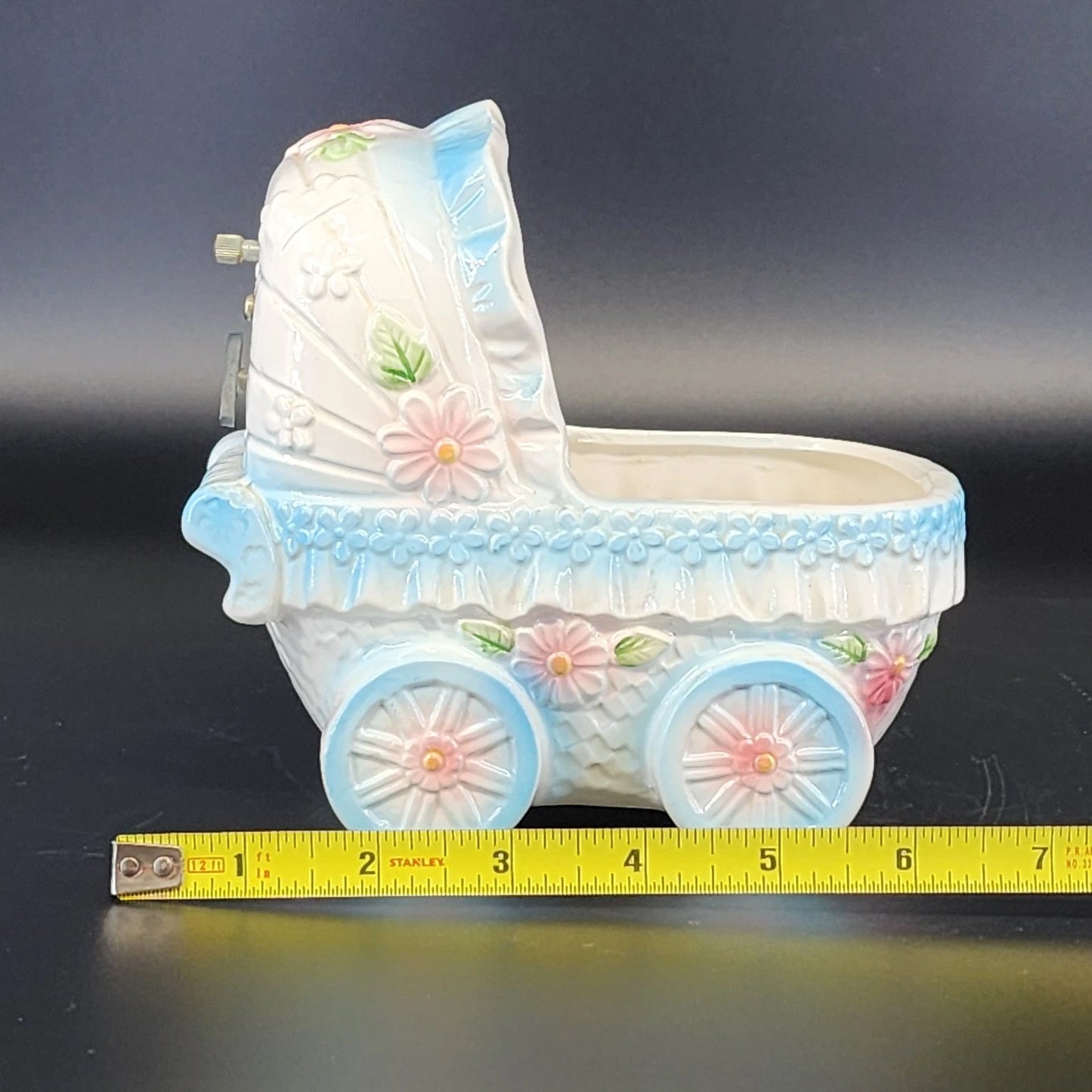 Ardco Japan Ceramic Baby Carriage Music Box Pink & Blue Nursery Decor 6" Works