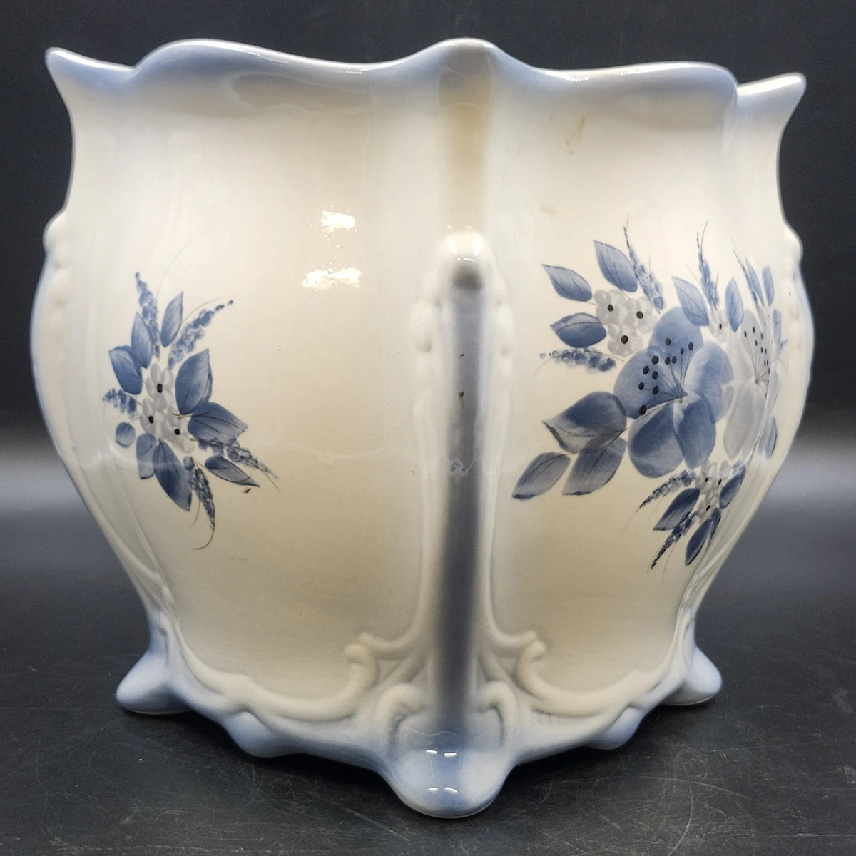 Vee Jackson California Pottery White Planter Blue Floral Footed Cachepot 9.5 in