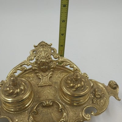 Ornate Double Inkwell Gilded Bronze Cherub Floral 9.75" Lacquered Iron