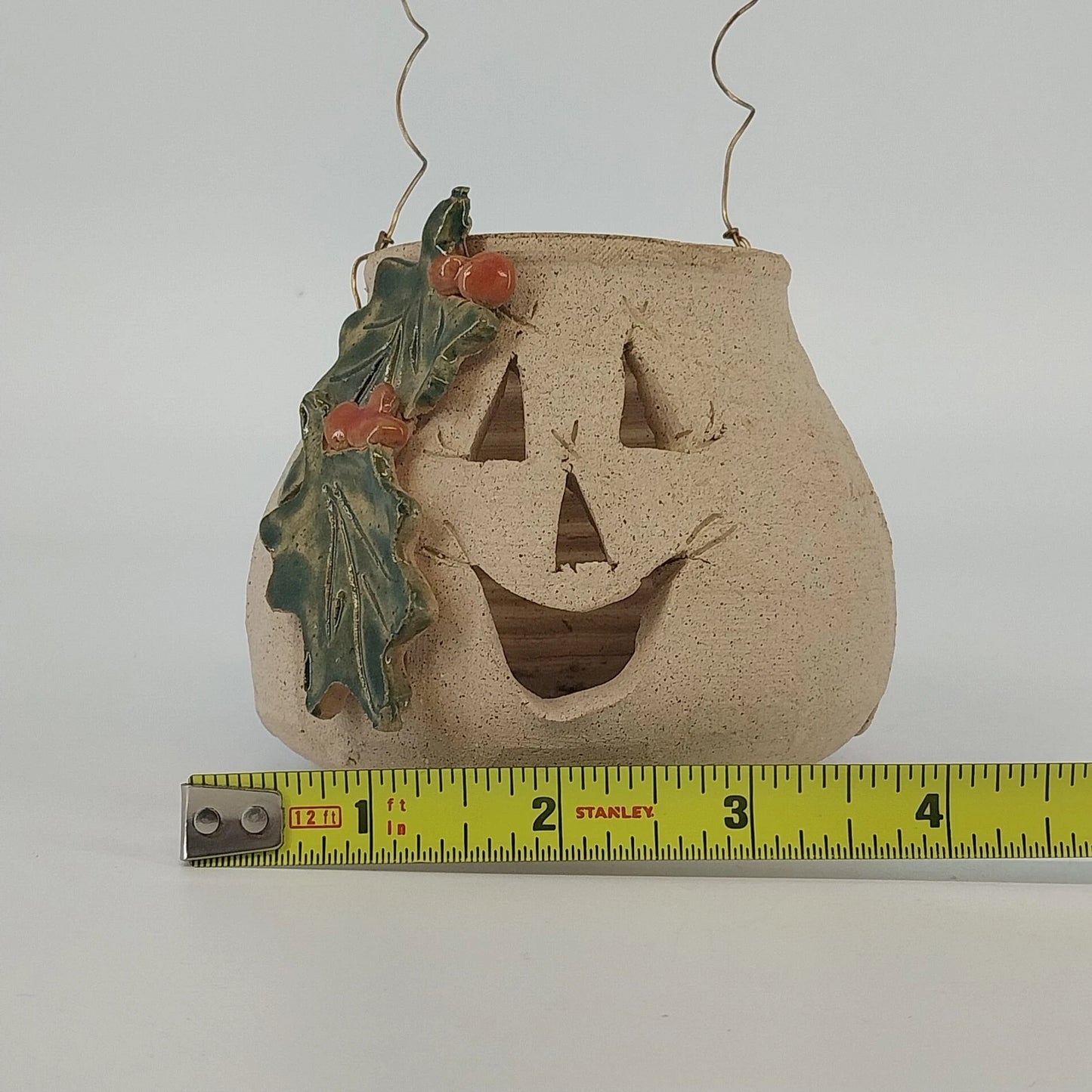 Handmade Studio Pottery Jack O Lantern Holly Candle Luminary 4" Vintage