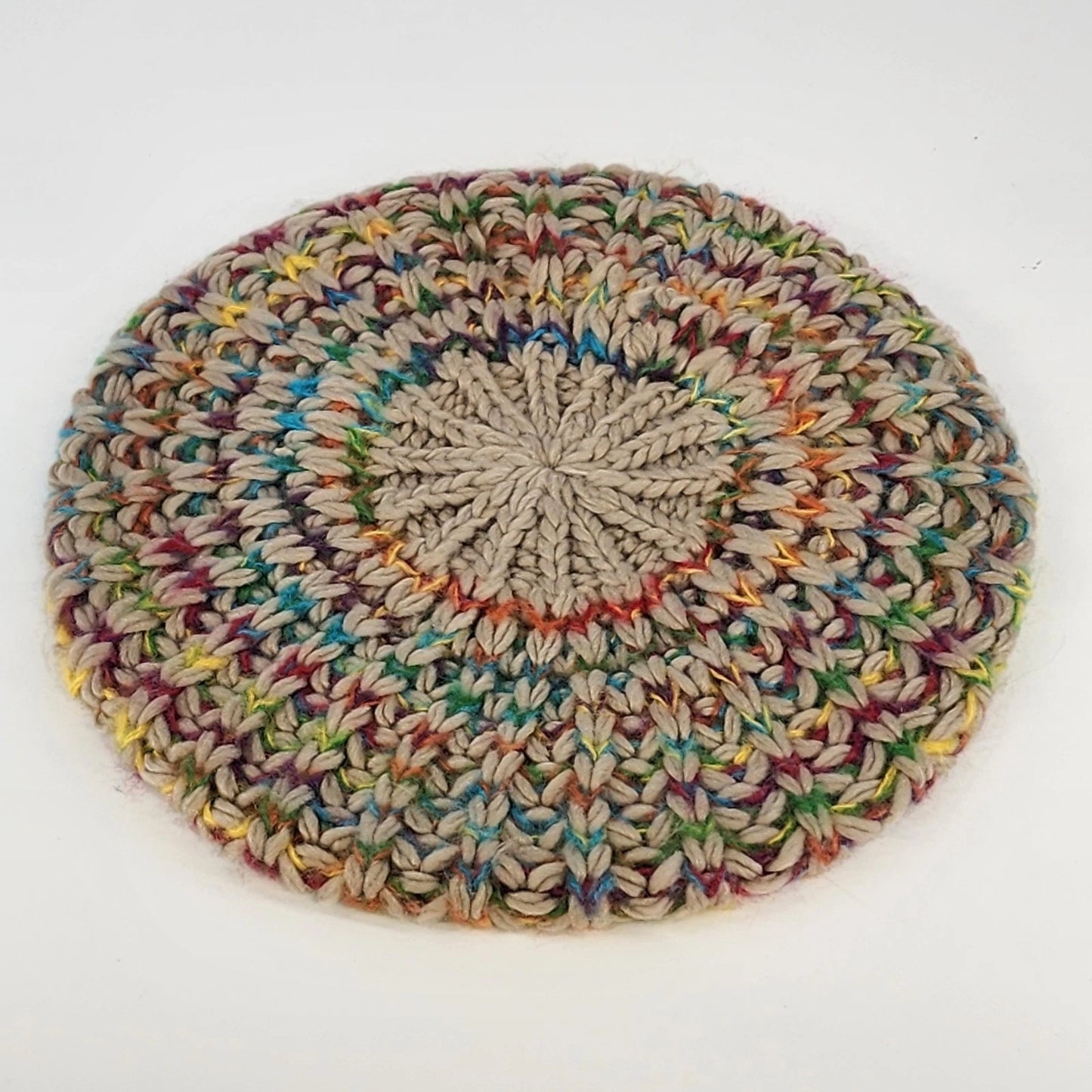 Hand Knitted Tan Beret Hat Rainbow Accent Slouchy Cap