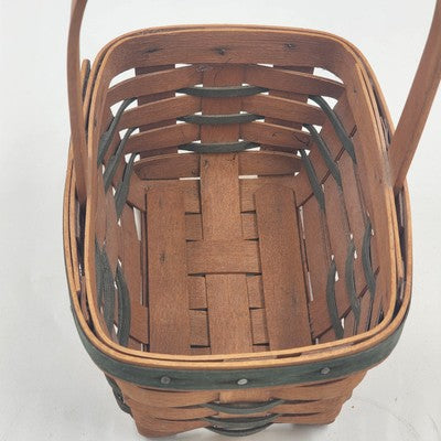 Longaberger Handwoven Basket Green Stripes Vintage 1993 Wood Handle 7"x5"