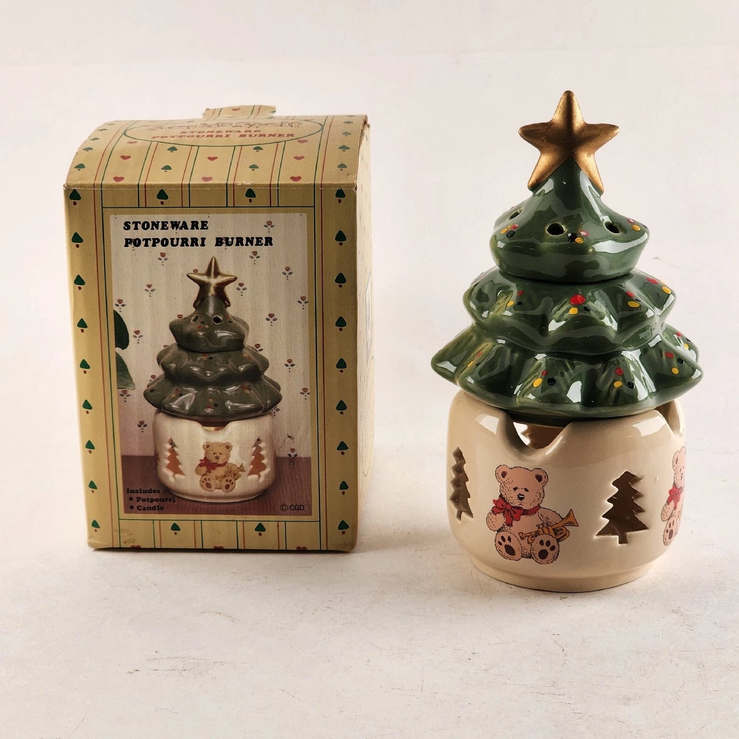 Christmas Tree Stoneware Potpourri Burner 6.5” Santa’s Shelf Teddy Bear Base NOS