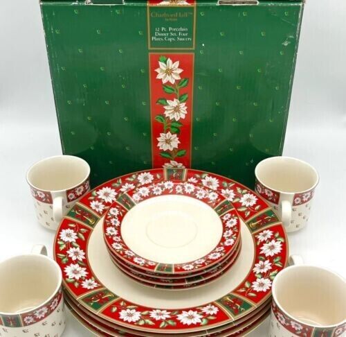 12 Pc Porcelain Christmas Dishes Set Charlton Hall China Classic Traditions  NIB