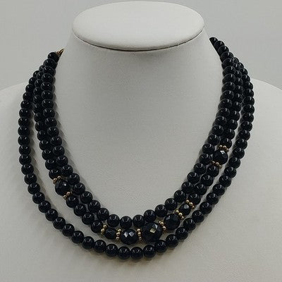 1928 Brand Three Strand Round Black Beads w Gold Tone Enamel Necklace Jewelry