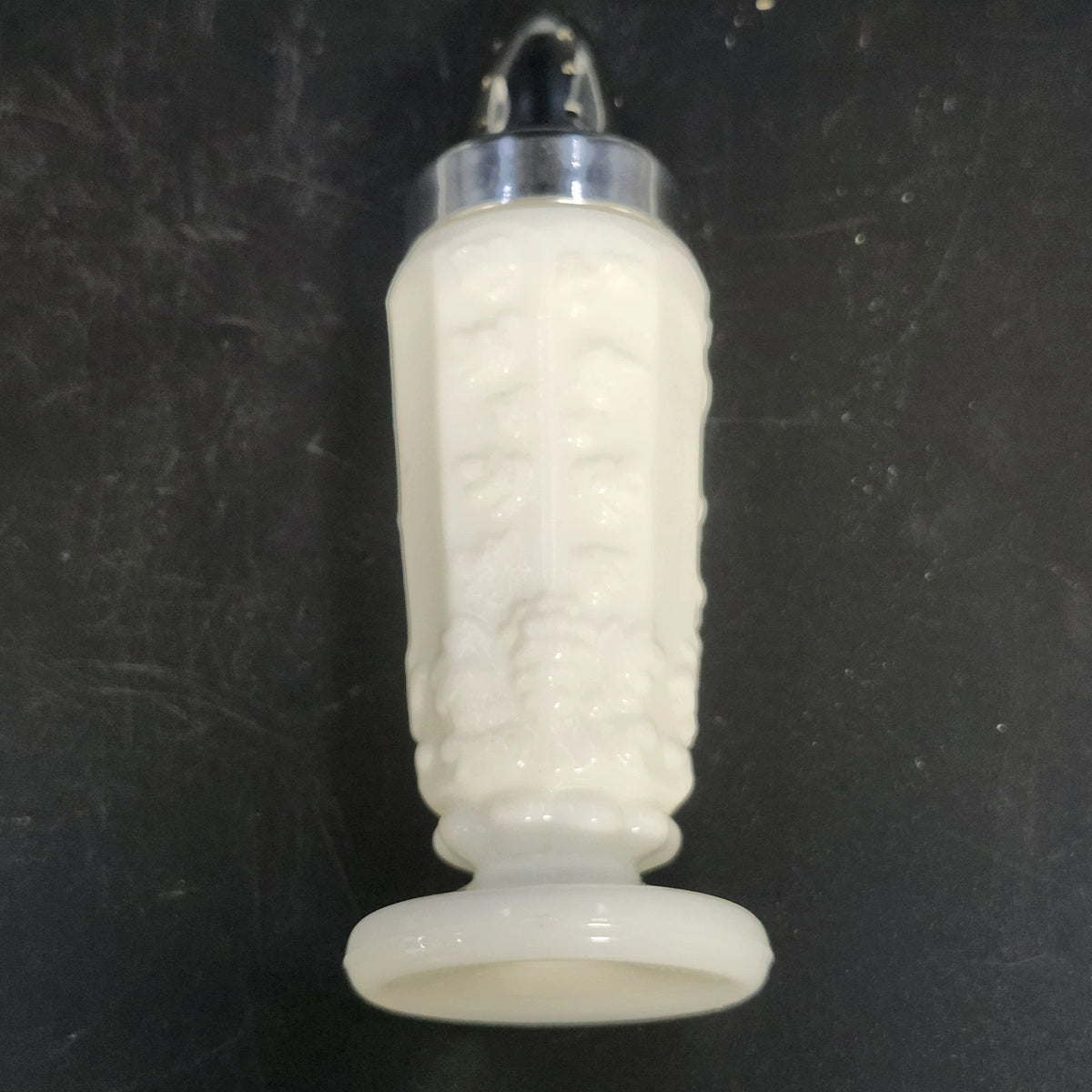 Westmoreland Paneled Grape Milk Glass Salt Pepper Shakers Metal Lids Vintage