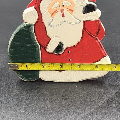 Christmas Wood Basket Santa Claus Holding Green Sack Carved Hand Painted 5.25" L