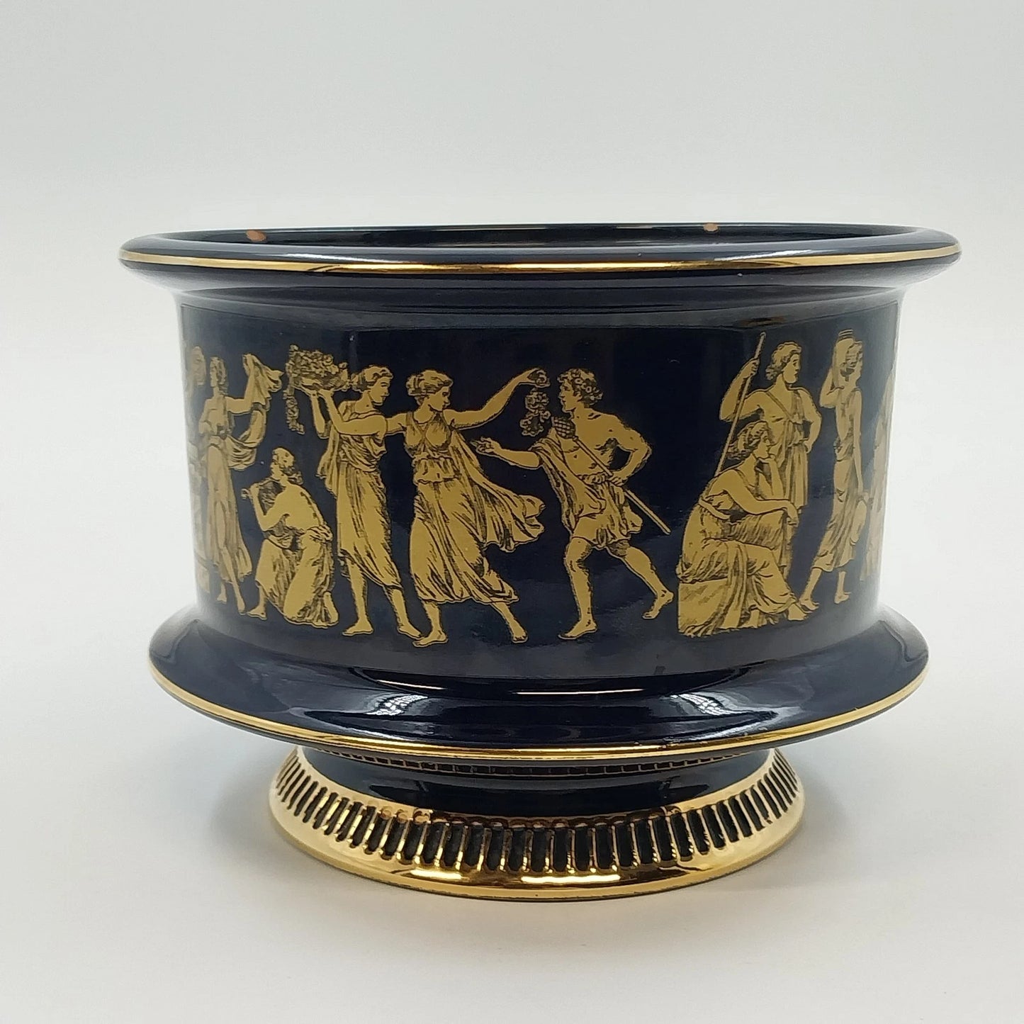 Florentine Italy Footed Pottery Bowl Cobalt Blue Gold Classical 4" Tall x 5.25"d