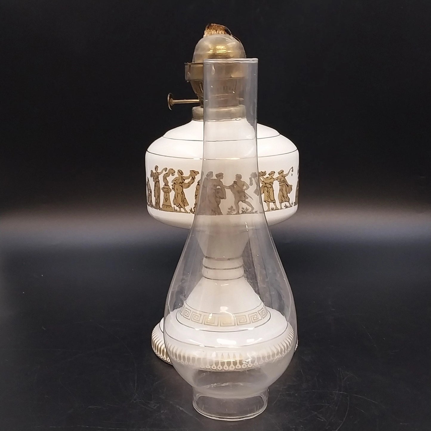 KE Strigos Greek Ceramic Oil Lamp 24K Gold Classical Figures Glass Chimney 18"