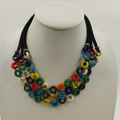 Boho Necklace Multicolor Disc Netting Statement Acrylic Cord Ball Loop Closure