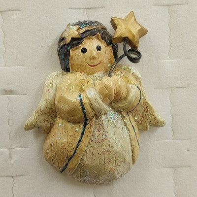 Resin Classic Christmas Angel Brooch Pin with Star Gold Tone Glitter Vintage Holiday