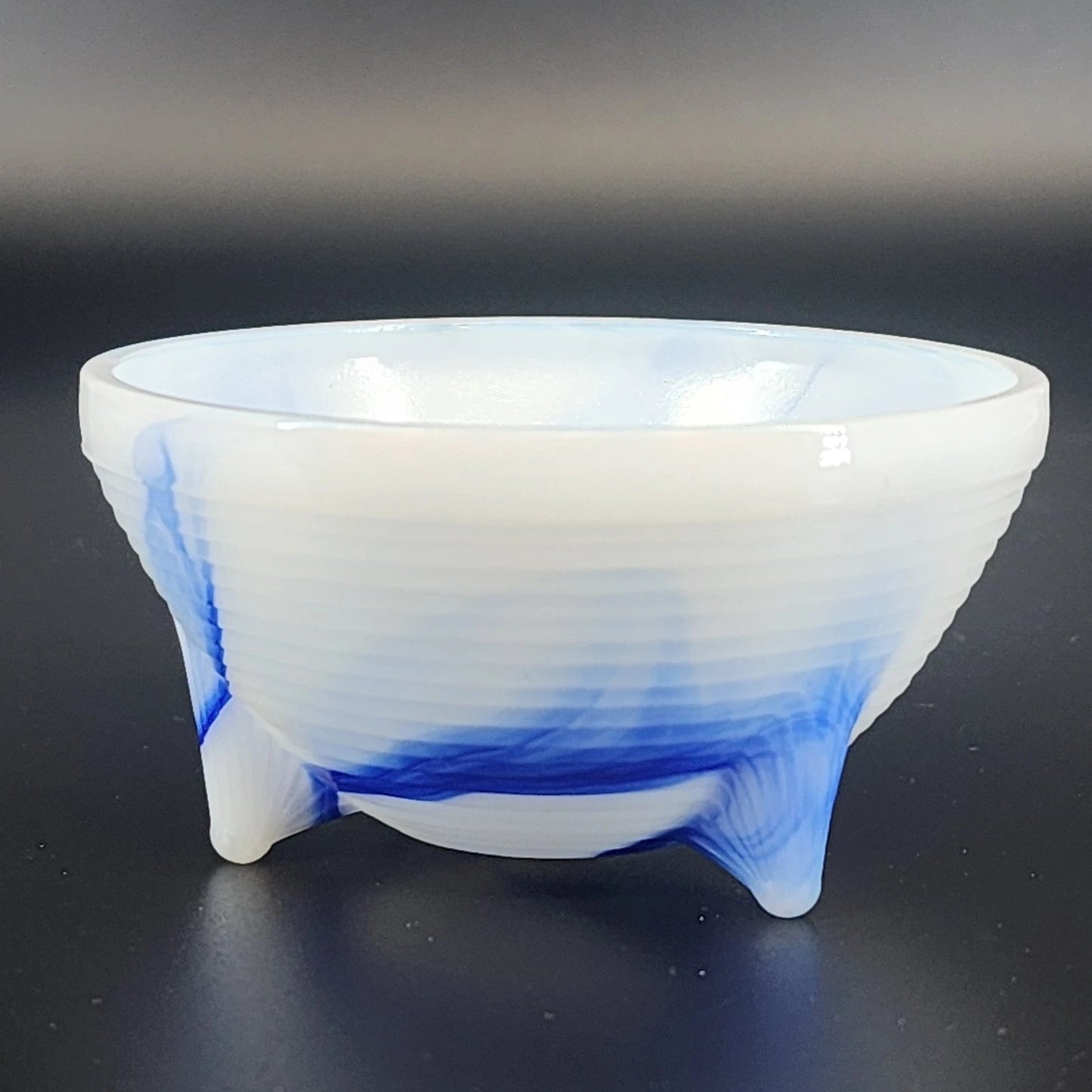 Akro Agate Blue & White Swirl Slag Glass Three Footed Bowl Marbled Cup 3.5" Vtg