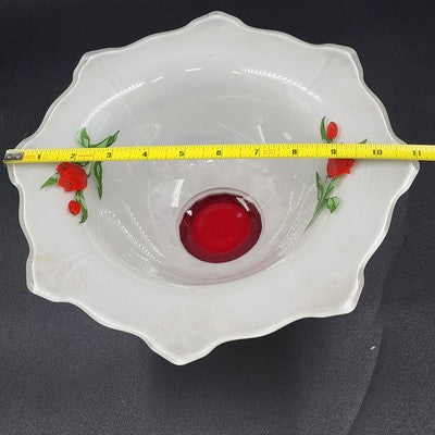 Indiana Glass White Console Flared Footed Bowl w Red Flashed Tulips Ruffled Edge