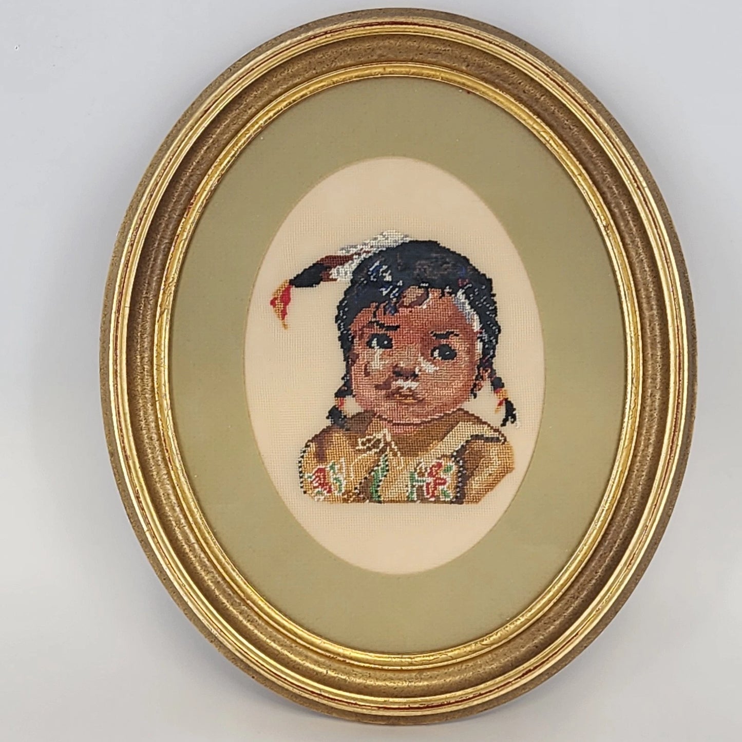 1982 Framed Needlepoint Native American Girl Portrait Oval Wood Art