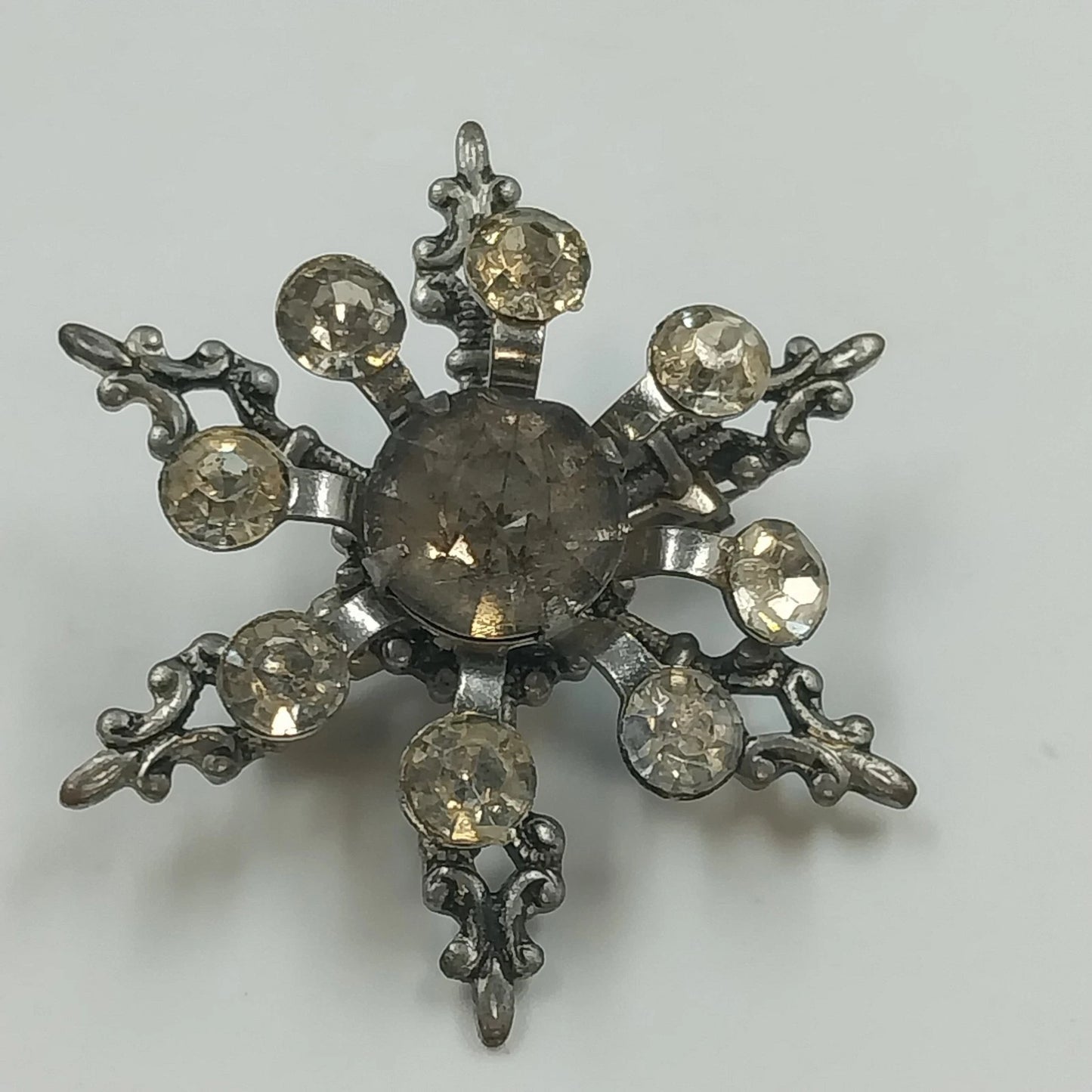 Silver Tone Snowflake Brooch Clear Rhinestone Starburst Fleur De Lis Pin Vintage
