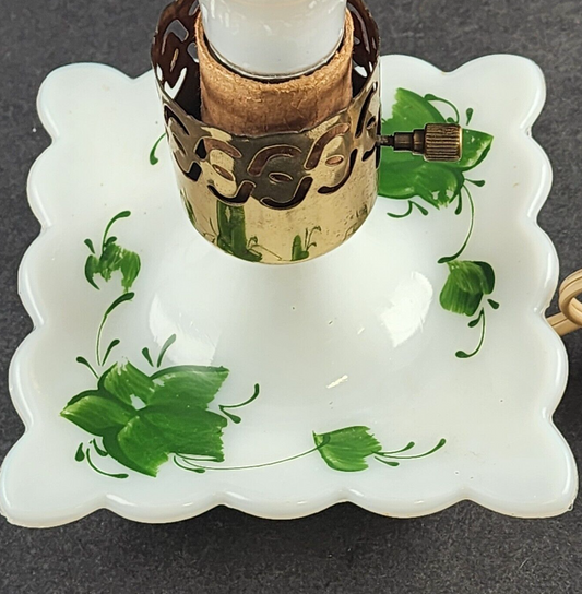 Milk Glass Hurricane Lamp Square Footed Hand Painted Green Floral Scalloped Base