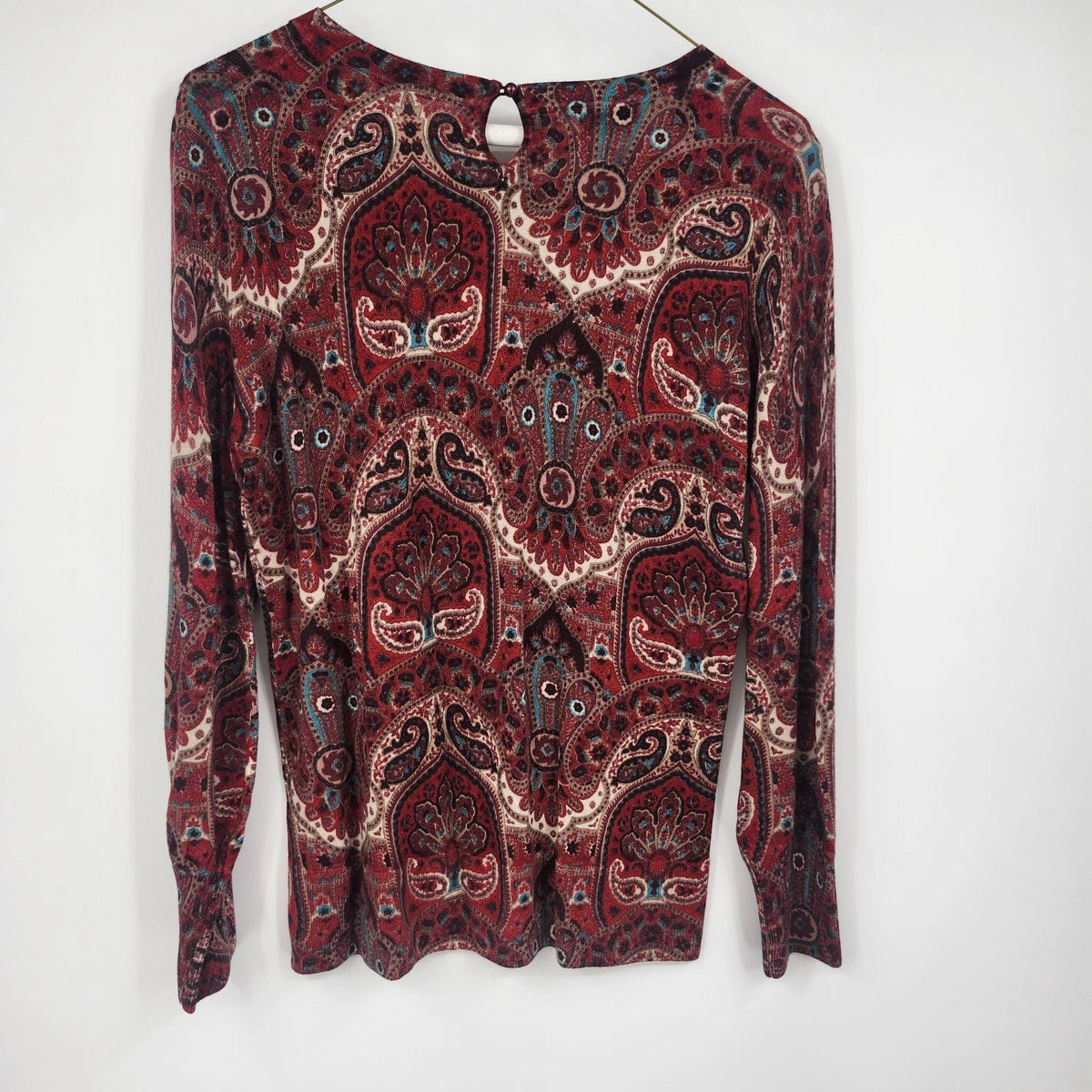 Talbots Petites Women's MP Opulent Paisley 100% Merino Wool Sweater Red Burgundy