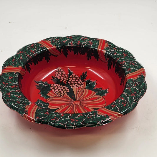 Berman Industries 13.5" Holiday Bowl Red Green Wreath Pinecones Plastic Vintage