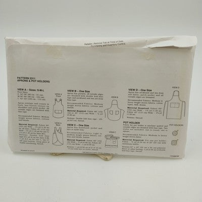 Kwik Sew 2311 Vintage Sewing Pattern Uncut 1993 Adult Aprons SML & Pot Holders