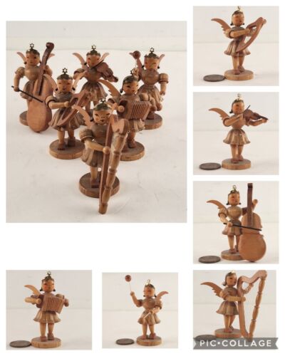 6 Pc Erzgebirge Wood Winged Angel Orchestra Playing Instruments Vintage 2½" Tall