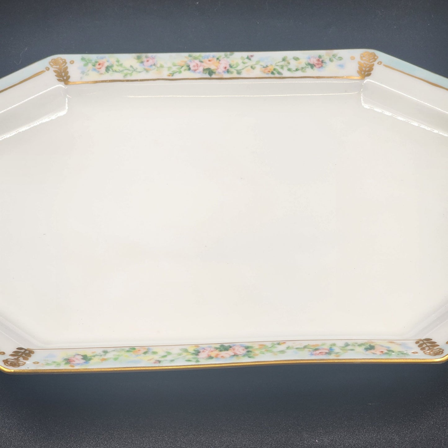 Tirschenreuth Bavaria Octagon Serve Platter Blue Border Enamel Flowers Gold Trim