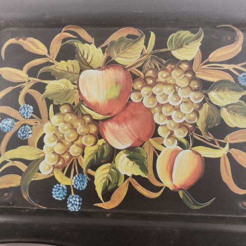 Metal Bed Lap TV Tray w Folding Legs Vintage Fruit Serving Apples Grapes Kitsch