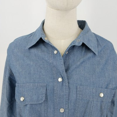 Lizsport Denim Shirt L Pearl Snap Long Sleeve 100% Cotton Blue