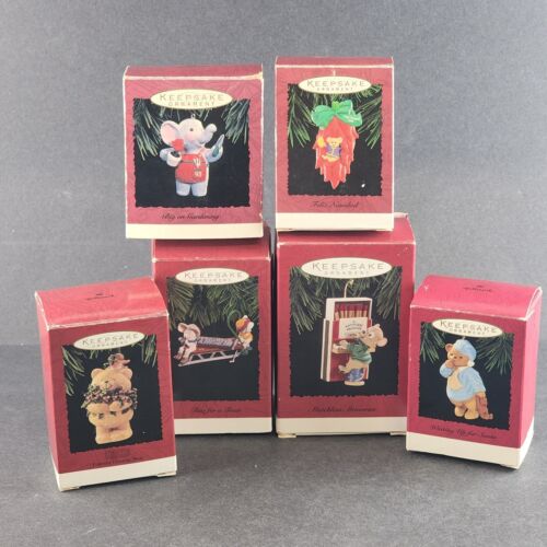 6 Hallmark 1996 Keepsake Ornaments with Mice Elephants and Bears Characters