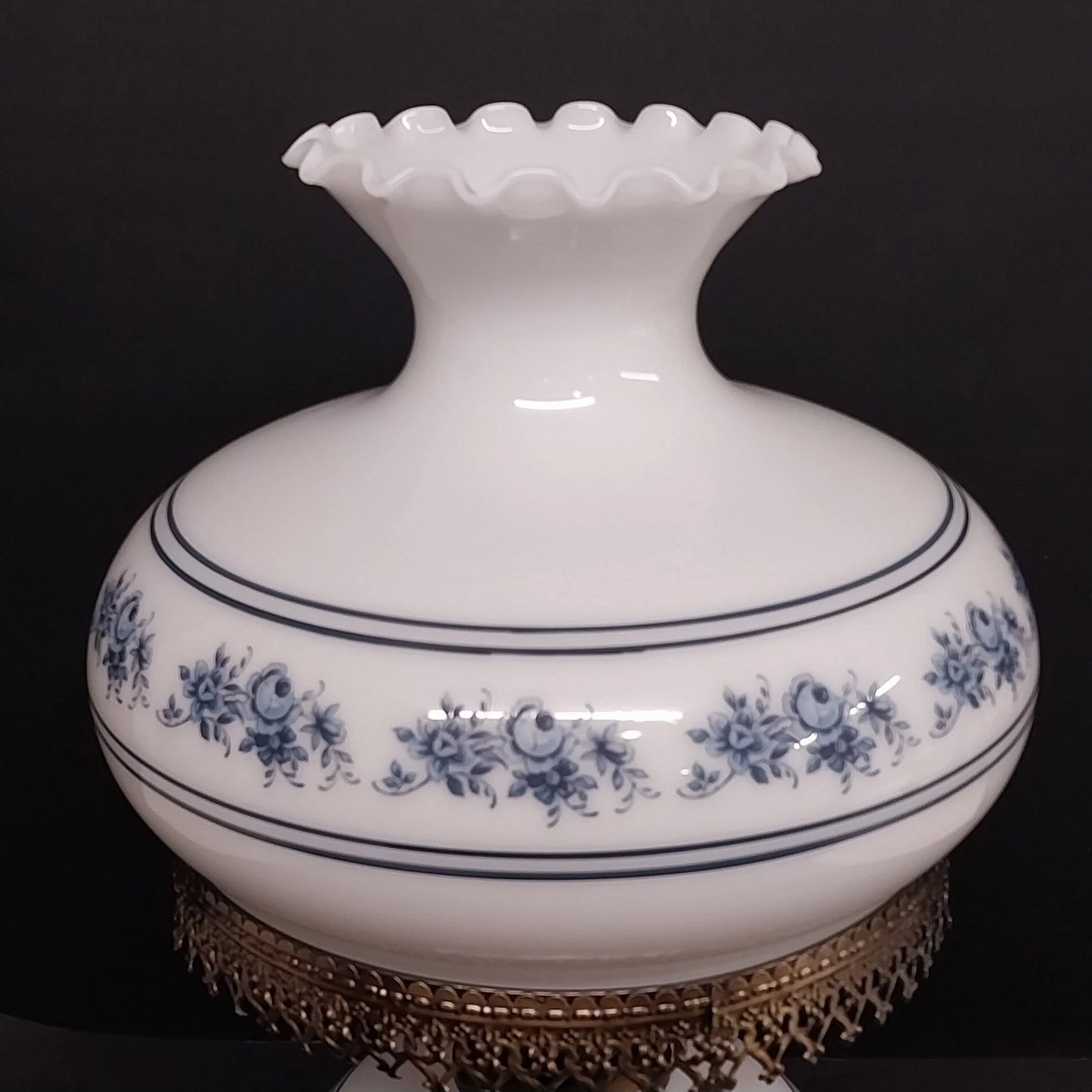 White Blue Floral Milk Glass Hurricane Lamp 22.5" 3-Way Light & Night Light Vtg