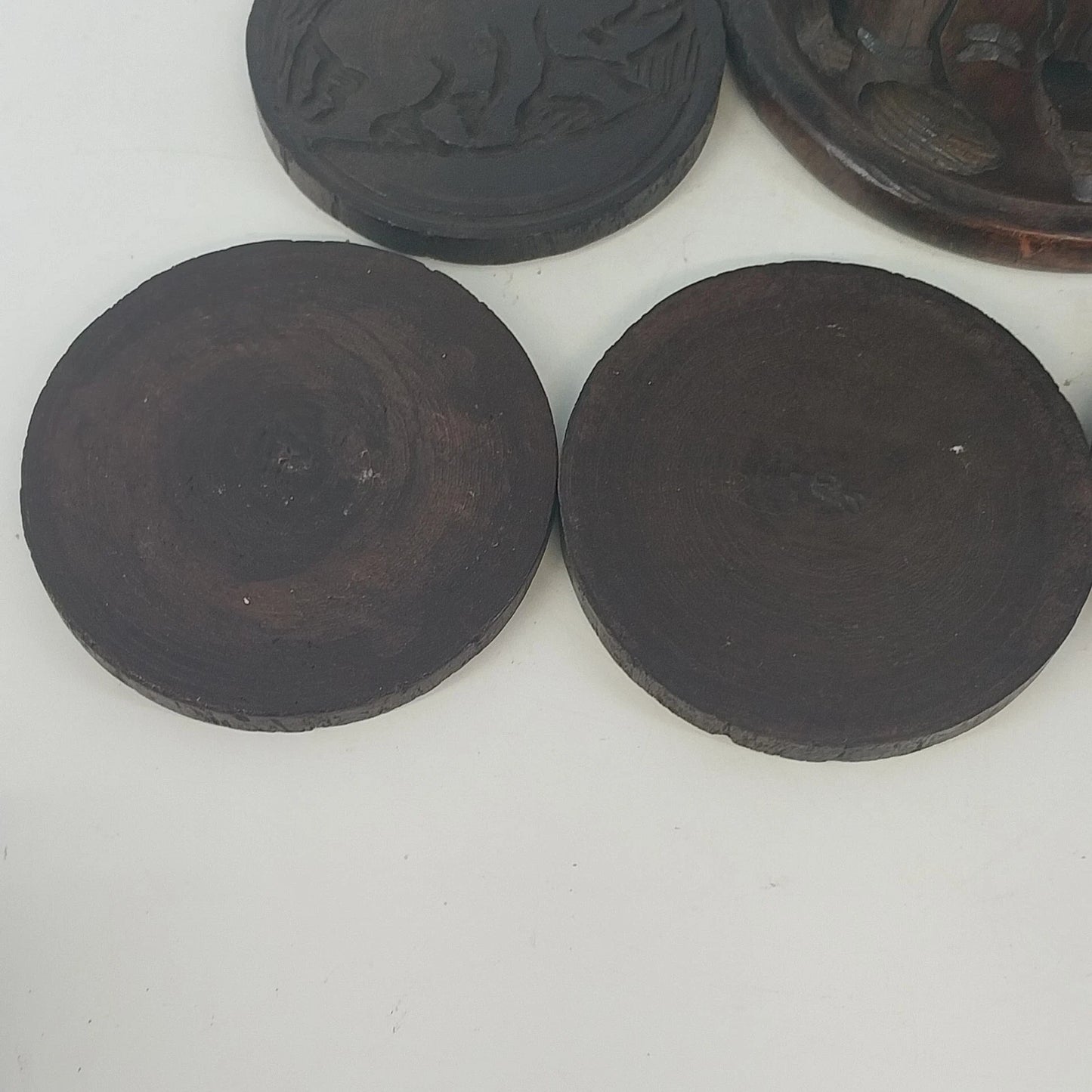 Hand Carved Wood Elephant Coaster Storage & Lid Set African Safari Barware Vtg