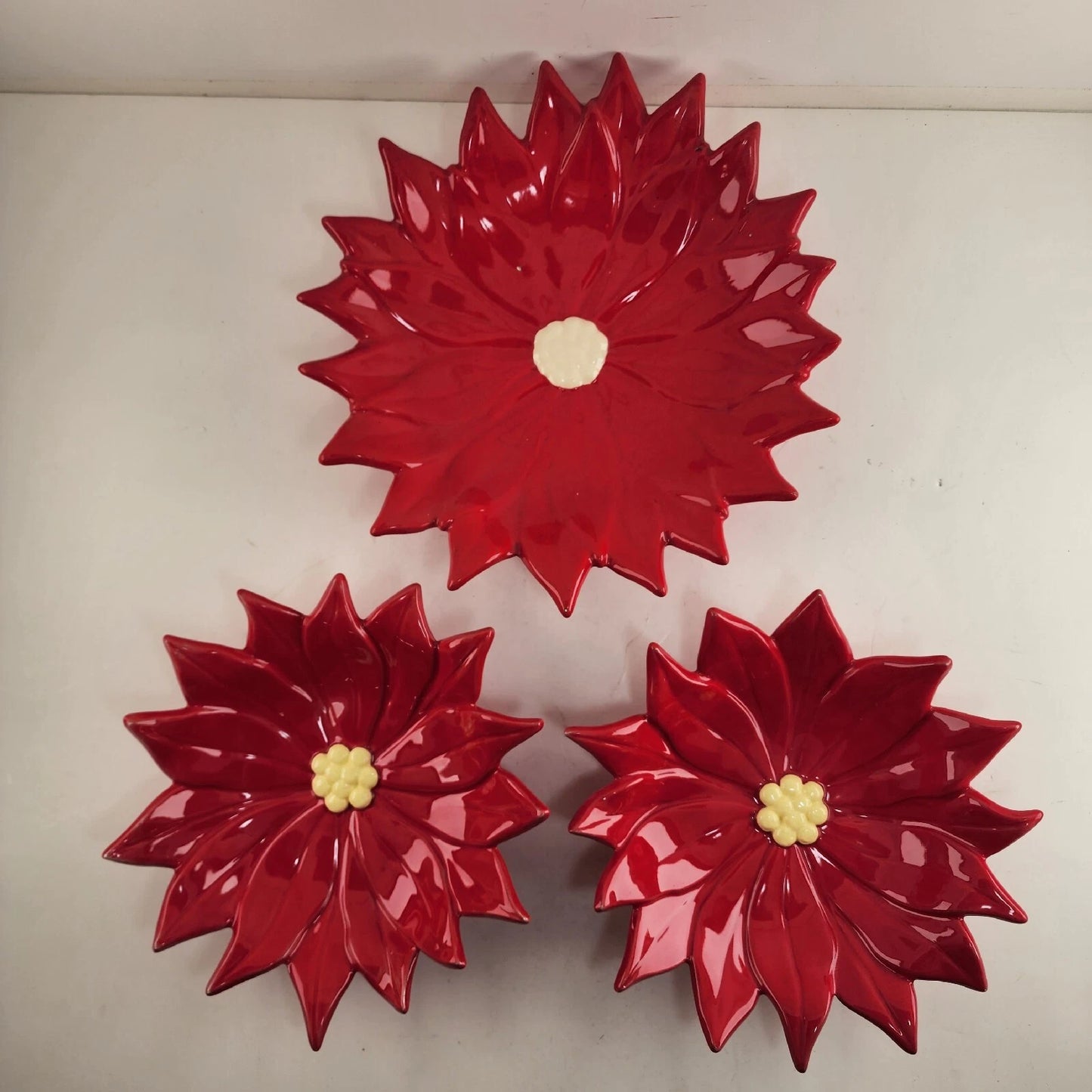 3 Poinsettia Flower Candy Dishes Christmas Atlantic Mold 10" and 8" Ceramic Vtg