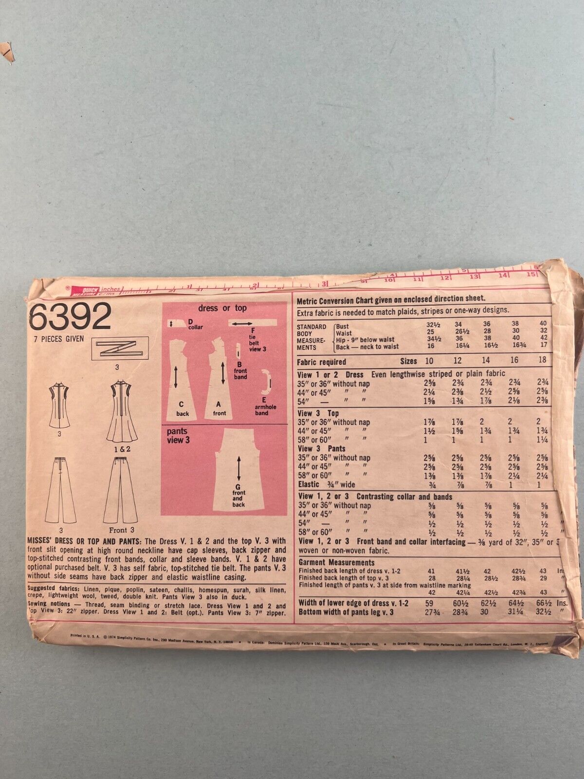Simplicity 6392 Vintage Sewing Pattern 1974 Misses Dress or Top Pants Size 18