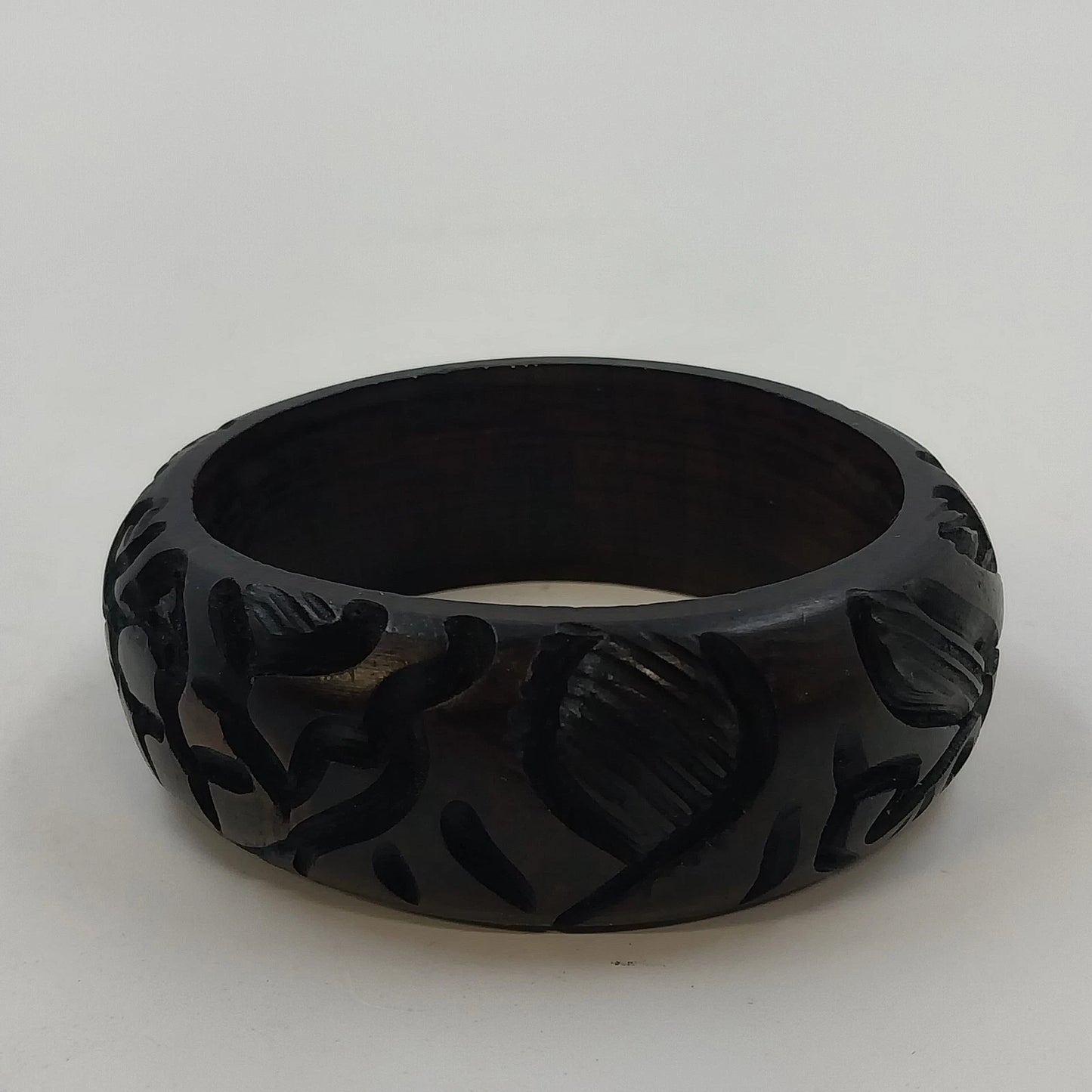 African Hand Carved Wood Wide Bangle Bracelet 2.5" Black Animal Design Tribal