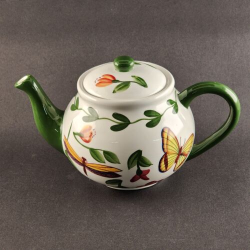 Pacific Rim Ceramic Teapot Hand Painted Butterflies Bugs Flowers White and Green