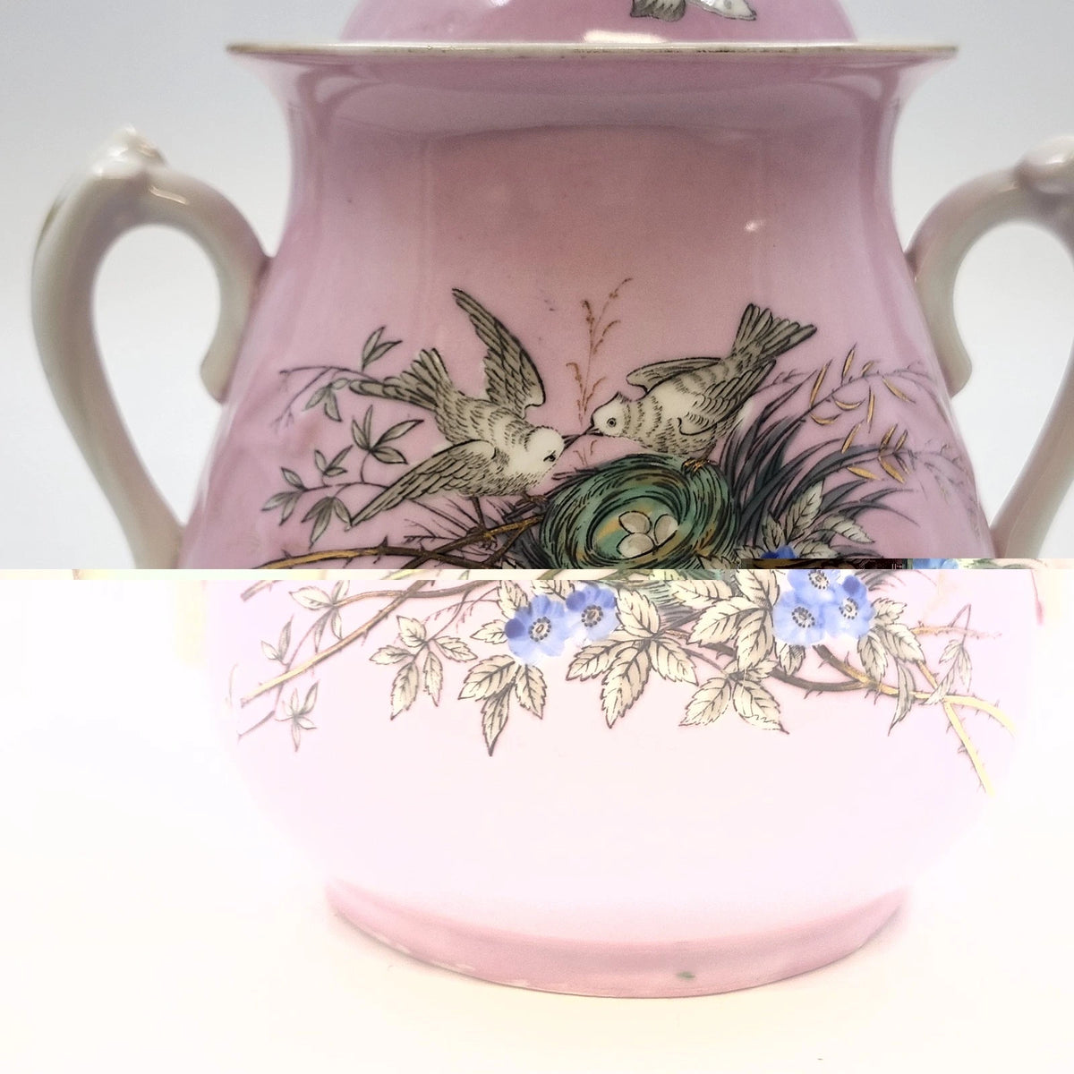 Pink Porcelain Biscuit Cookie Jar Bowl Covered Butterfly Birds Transfer Vintage